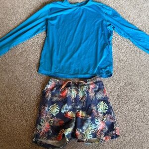 Ingear Teal Rash Guard with Tropical Print Shorts